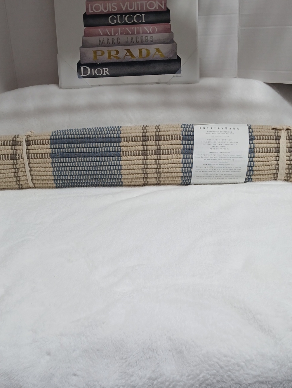 Pottery Barn Blue and Beige Woven Cotton Runner Rug NWOT